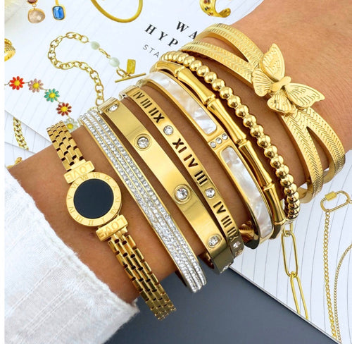 Classic Pearl Inlay Bangle – 18K Gold Plated